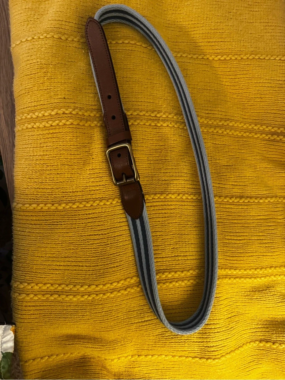 Men's Stretch Stripe Belt in Light Gray and Navy with Brown Leather Trim